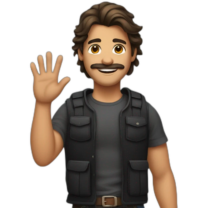 A stereotypical Portuguese young man waving with a big smile, a mustache and a brown mullet, wearing a black t-shirt and a chest vest emoji