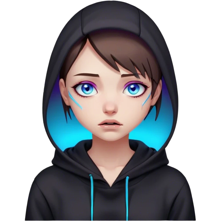 a girl with a brown bob and blue eyes in a black hoodie is crying Cyberpunk style. Violet neon. emoji
