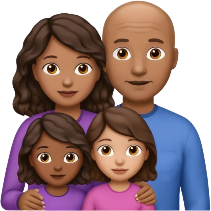 Simple family emoji where the dad is darker skinned and bald, the mom is lighter skinned with brown hair. Also two daughters with one having slightly darker skin and black wavy hair. The other daughter with lighter skin and wavy brown hair. emoji