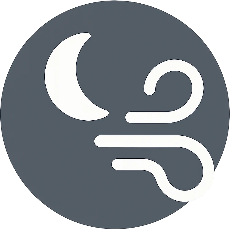 abstract symbol: dark gray sphere with gradient, white crescent moon in the upper left corner, three white wavy lines on the right in the style of a technological swirl emoji