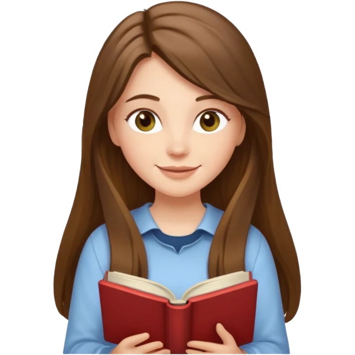 happy white long brunette hair girl with hazel eyes wearing light reading a book  emoji