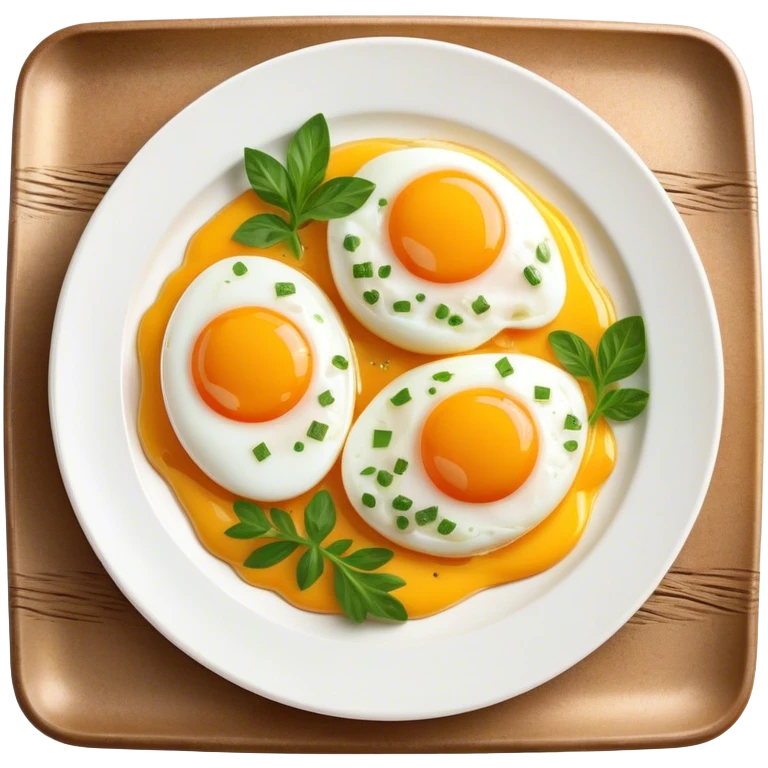Cinematic sunny-side-up eggs, perfectly cooked with glossy yolks, crispy golden edges, sprinkled with fresh herbs, served on a rustic plate, bright and inviting, highly detailed and appetizing. emoji