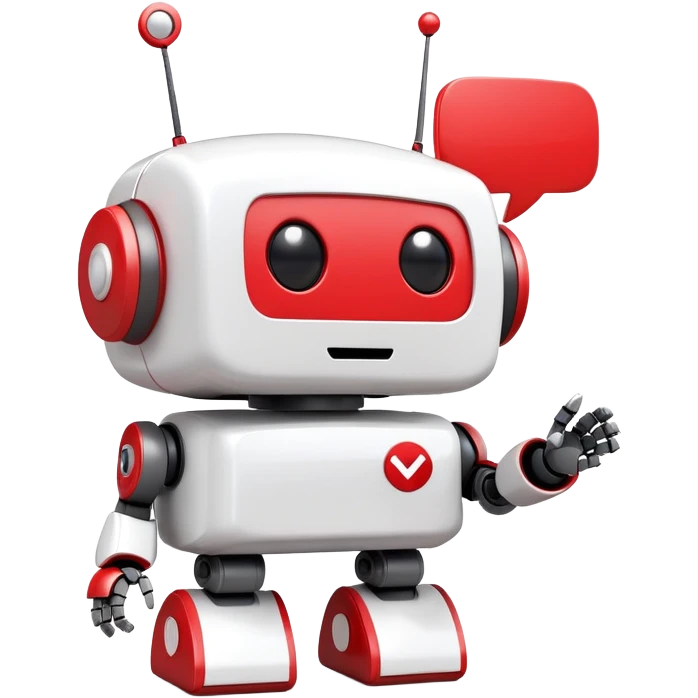 A cute 3D robot mascot icon with YouTube-style play button eyes and a speech bubble, red and white color scheme, friendly and approachable design, perfect for AI chat interface emoji