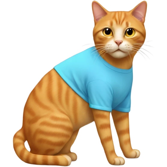 tan-red cat wearing a light-blue t-shirt taps musical keyboard emoji