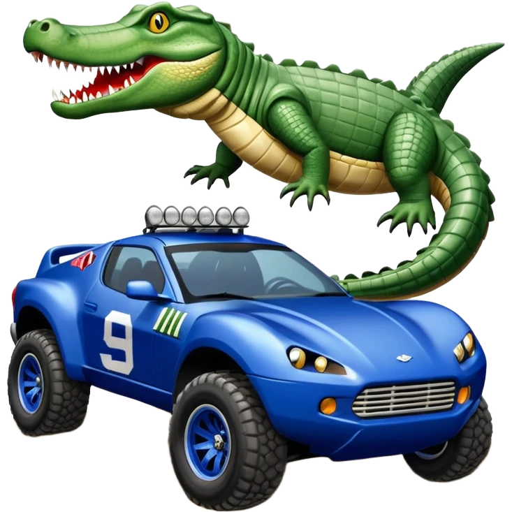 Dirty Joke’s Midnight-blue Local Motors Rally Fighter off road race car being driven by a five foot tall alligator, in the driver’s seat, over a dirt ramp  emoji