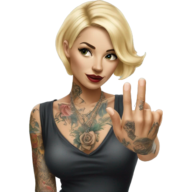 Blonde elegant women, her Body Covered with Tattoos, POINTING YOU with her HAND , Hyper realistic emoji