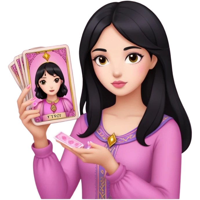 black hair girl with pink pink tarot cards emoji
