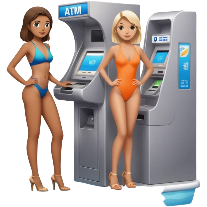 Girl in swimming suit and platform heels , man who’s using an ATM emoji