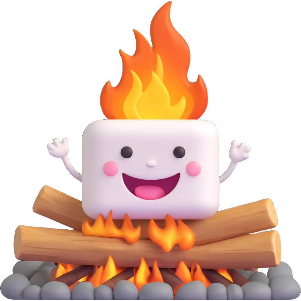 marshmallow with a happy face being toasted over a fire emoji