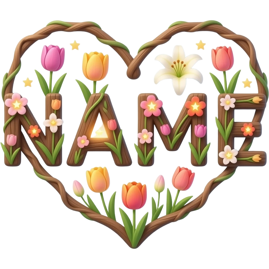 A text 'NAME' formed from tree wood vines shaped into small hearts. Vibrant tulips and lilies bloom from the letter, each flower center glowing like a tiny star. Dreamy atmosphere, hyper-realistic, soft pastel colors emoji
