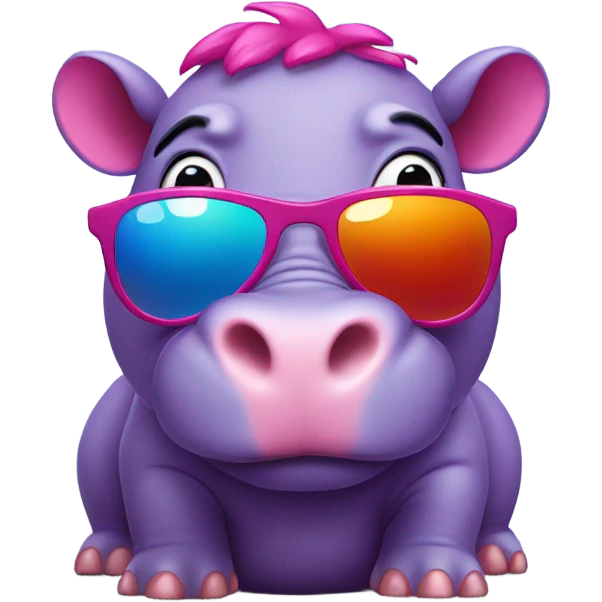 Purple hippo with pink ears, red tail and tiger stripe sunglasses emoji