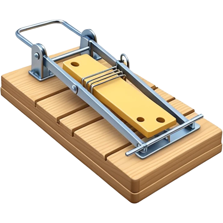 A 3D emoji in iOS emoji aesthetic style of a classic mousetrap without cheese, showing a wooden base and metal spring mechanism, clean minimal design, bright lighting, glossy Apple-style look, white background. emoji