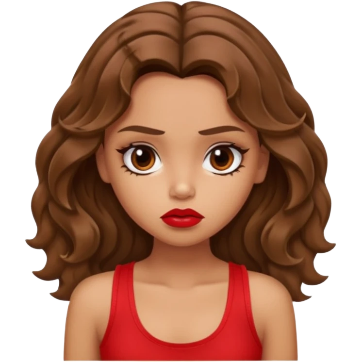 generate a pretty tan bratz girl with brown wavy hair long wearing a red tank top, red lipstick. Looking sad emoji