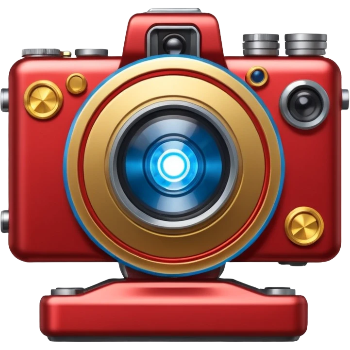 🎬🤖 Create a video project icon inspired by Iron Man: a sleek film camera with metallic red and gold accents, glowing with blue arc reactor energy. emoji