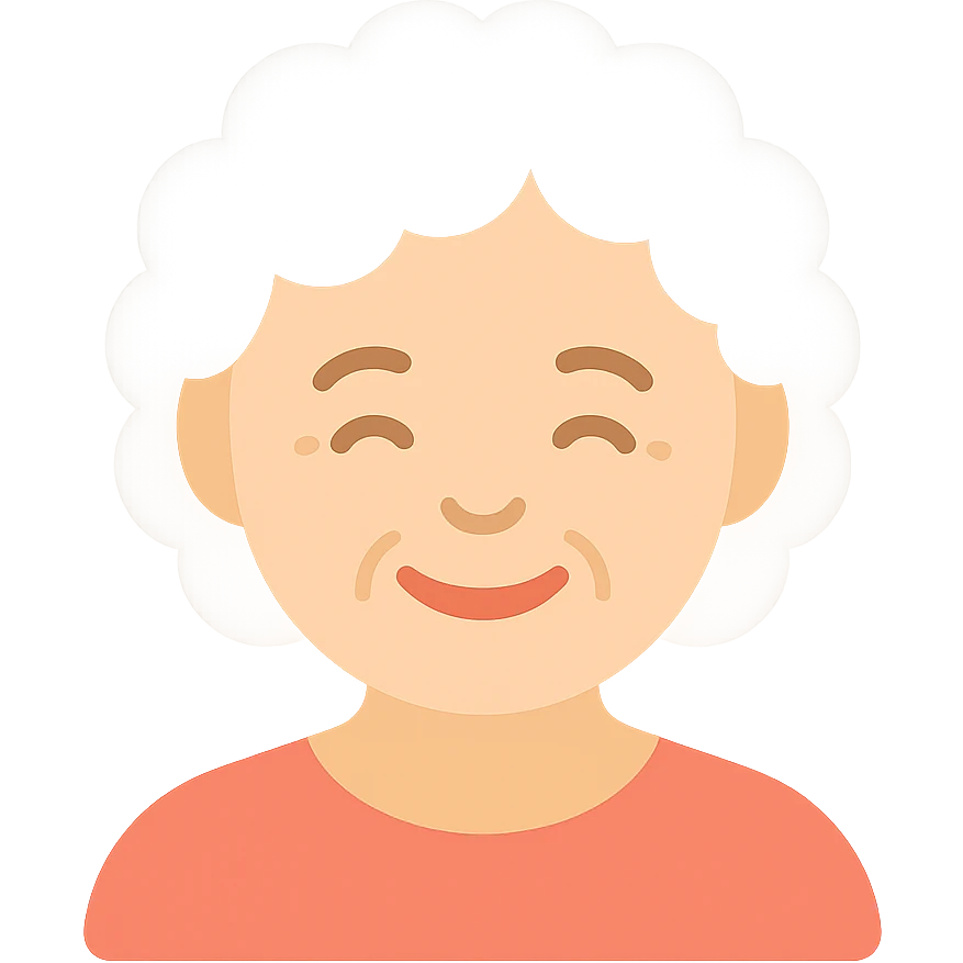 older lady with silver curly hair smiling emoji