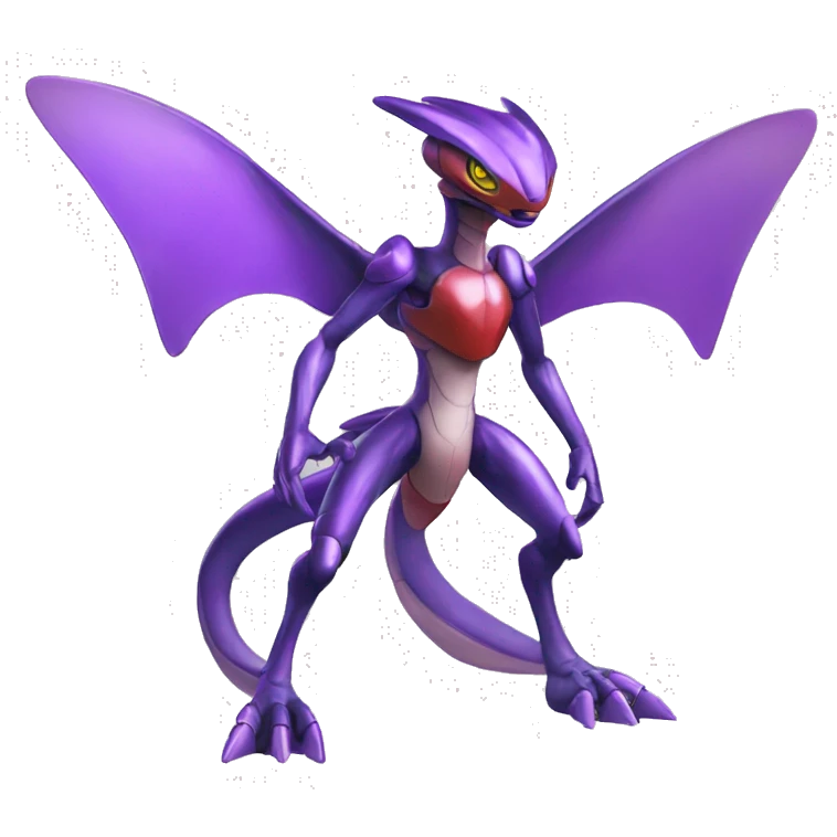 a shiny pirple Genesect-Flygon-Raptor-Fakémon—hybrid with a futuristic visor-helmet full body emoji