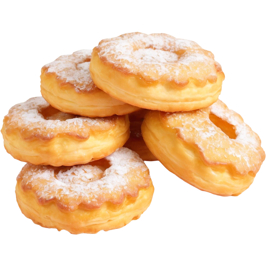 a Dutch fritter, golden brown, dusted with powdered sugar, round and rustic, appetizing, isolated on a transparent background emoji