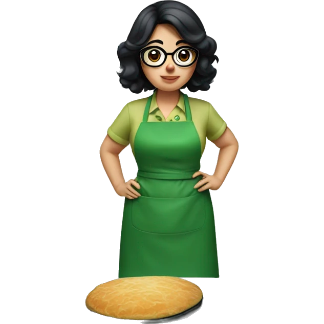 chubby lady with black hair and big eyes green apron  with glasses cooking  emoji