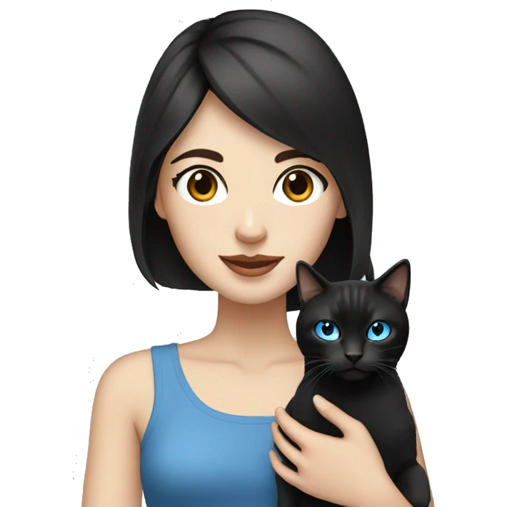 Pale woman with black hair and blue eyes holding a tabby cat emoji