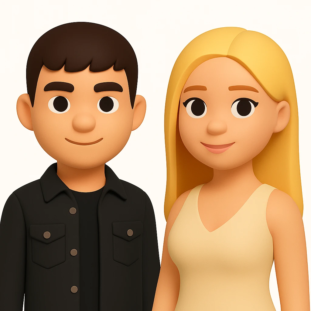 In the style of 3D Emoji, slightly increase the volume of the upper body of the girl, separate the girl and the boy from each other, and make the skin color the same for both characters. The style should reflect the Microsoft style 3D fluent emojis. emoji