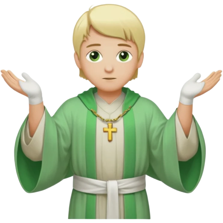 a priest, green eyes, blonde hair, light green wide, flowing outer robe. opening arms, gazing thoughtfully. Soft light, subtle fern. Waist-up, profile. emoji