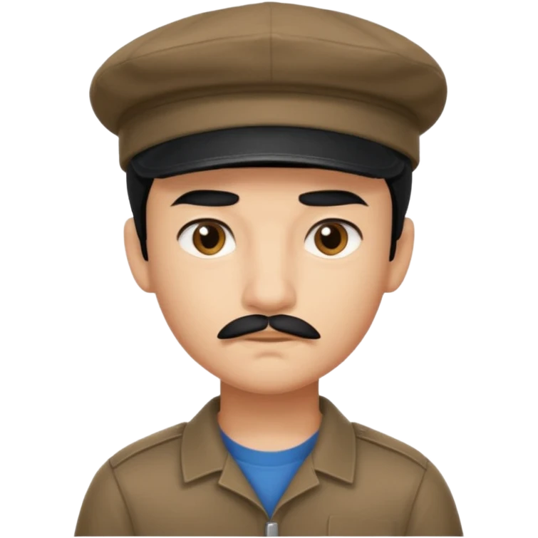 Gere um menino de cabelos preto e boné pro lado com feição séria e bigode fino emoji