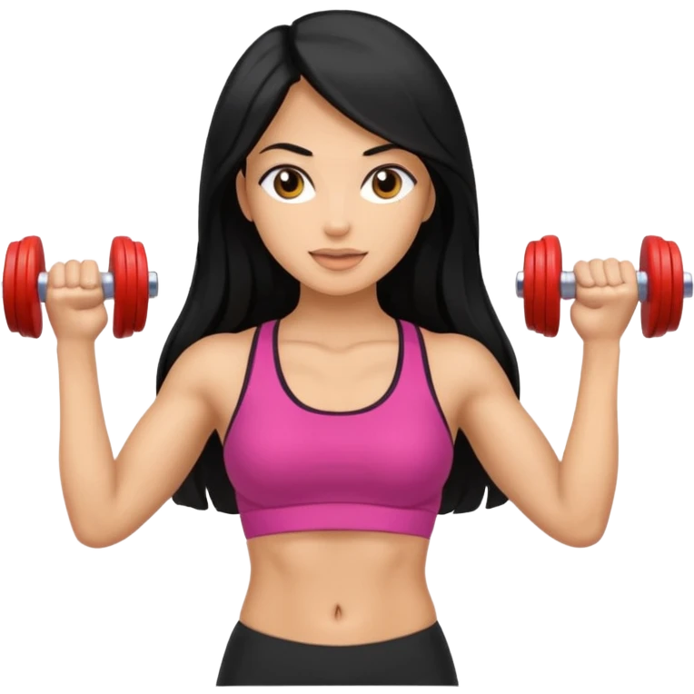 mujer fit con pelo negro largo y sosteniendo 2 mancuernas emoji
