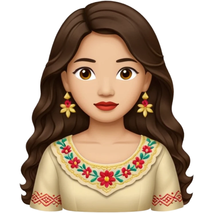 Filipino woman with long dark wavy hair parted in the middle wearing a traditional filipiniana emoji