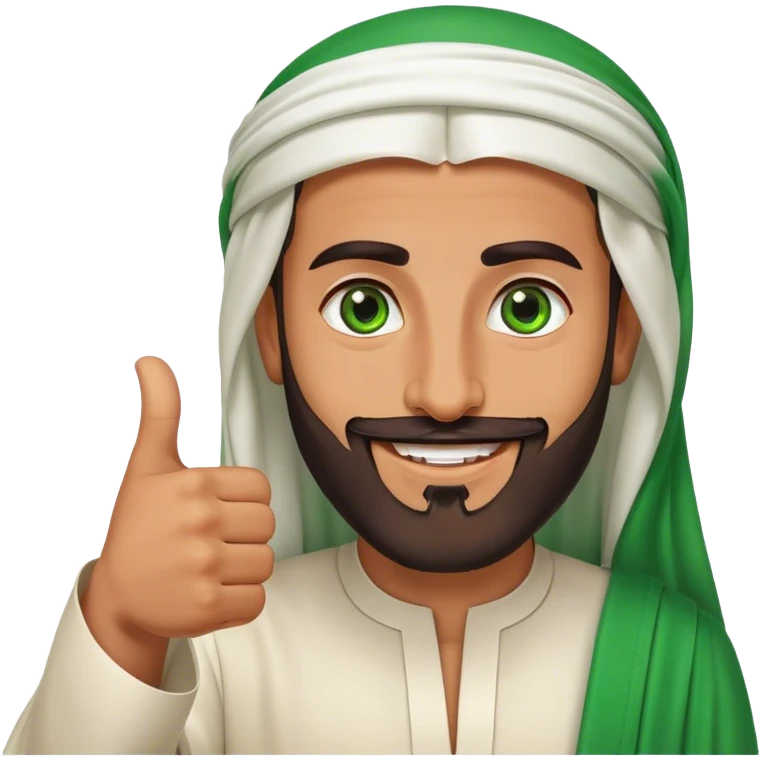 Tanned Arab Saudi man with green eyes and a beard, wearing traditional attire, smiling and giving a big thumbs-up emoji