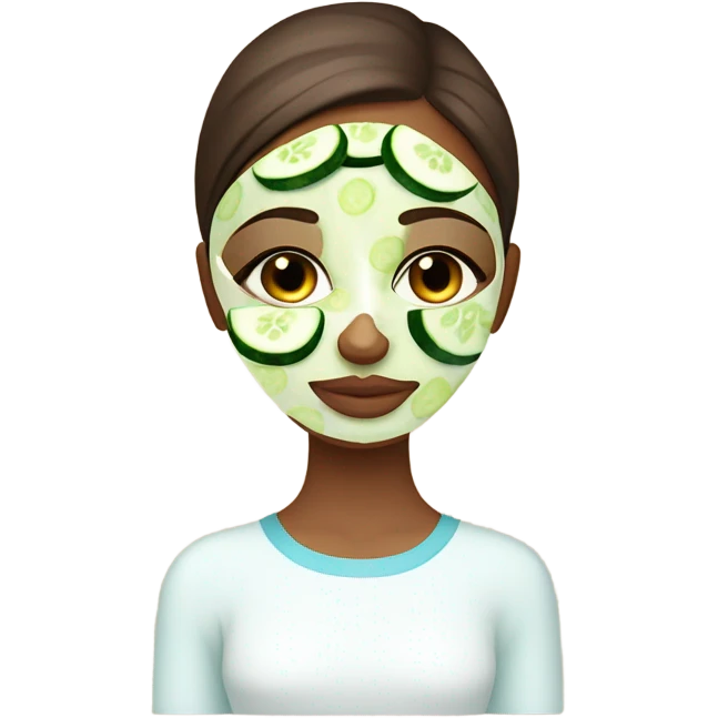 Girl with freackles Brown hair white skin and blue eyes wears Green skin care mask while She relaxes and two round piece cucumber on her closed eyes emoji