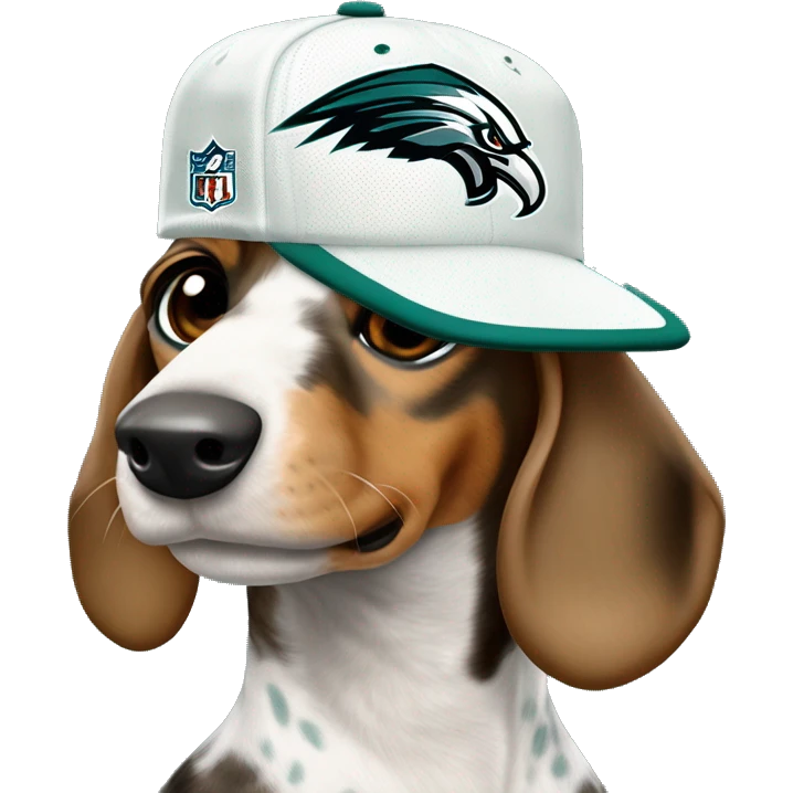 Miniature Tri Merle Light Brown Spotted Dachshund wearing Philadelphia Eagles Hat with C on Jersey emoji