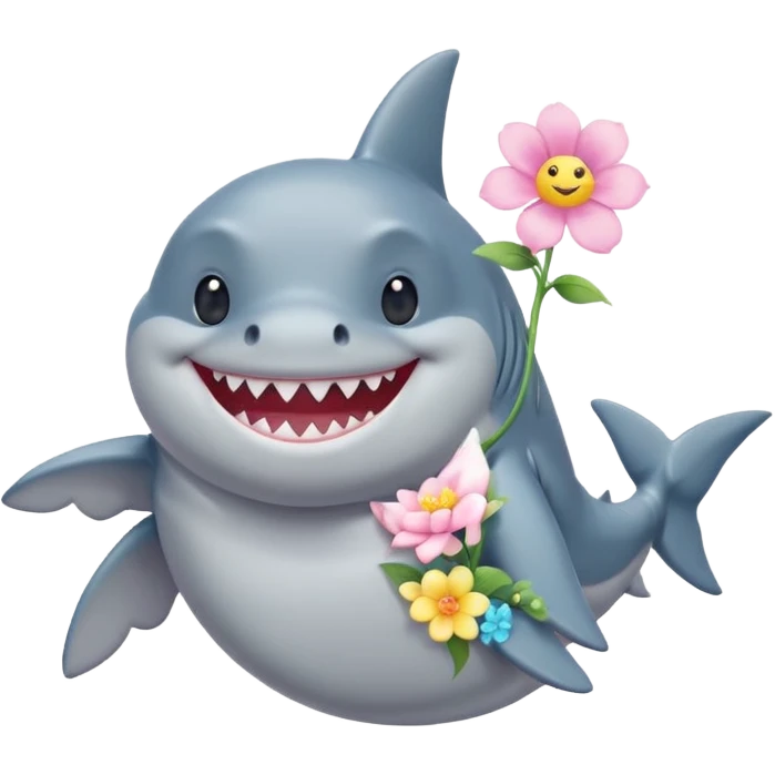 A cute chubby shark with pastel flower necklace, posing proudly. emoji