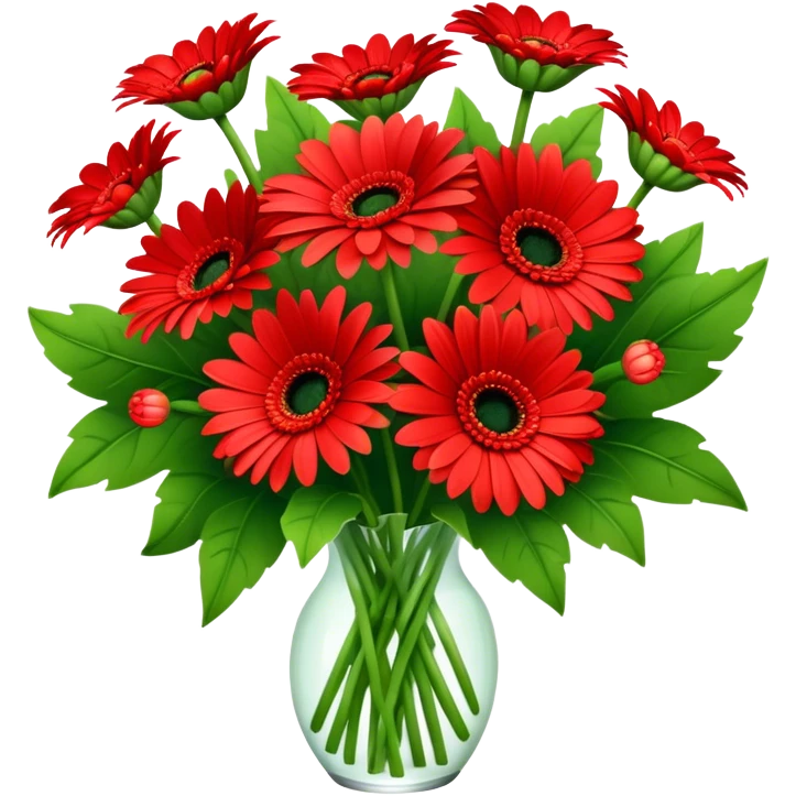 bouquet Bright Red Gerbera Daisy, luxuriant, leaf, bud emoji