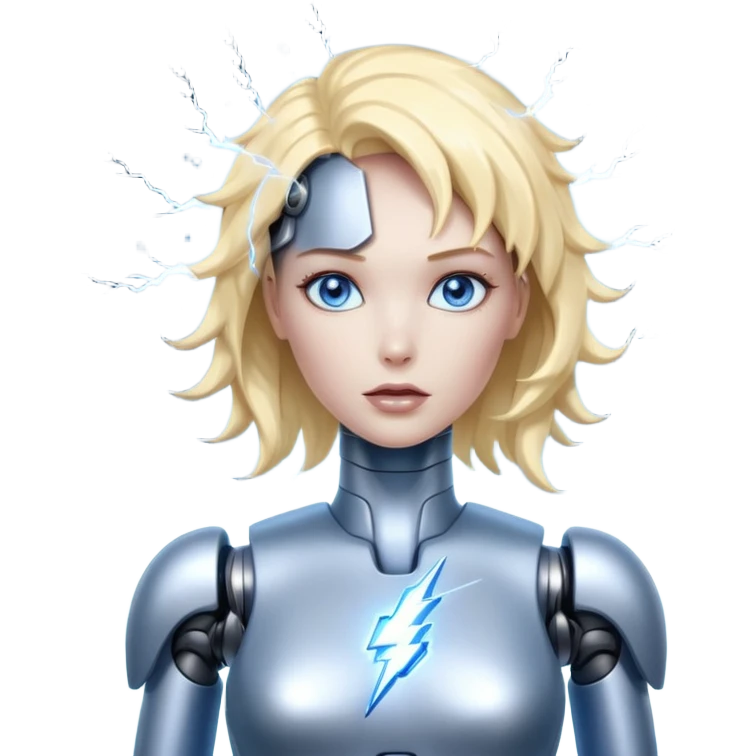A female robot with a sexy body and lightning exploding from her brain emoji
