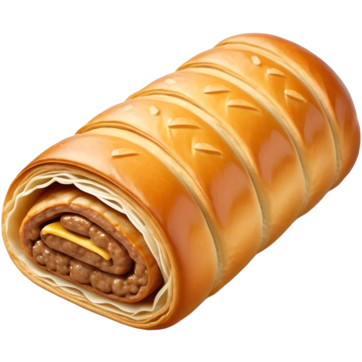 cinematic-realistic-sausage-roll-dish-emoji,-depicted-with-a-crisp,-golden-pastry-wrapped-around-flavorful-sausage,-rendered-with-detailed-textures-wrapped ina. plastic wrapper unrapped - and-appetizing-lighting emoji