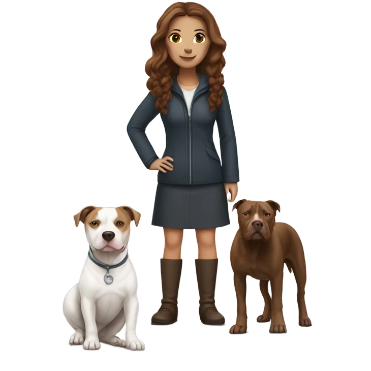 white woman with straight long brown hair standing alongside a white pitbull emoji