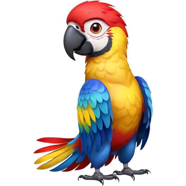 cinematic-macaw-realistic-full-body-standing-emoji,-vibrant-feathers-glowing-with-rich-reds,-blues,-and-yellows,-head-tilted-dramatically,-curved-beak-gleaming,-piercing-dark-eyes-exuding-confidence,-simplified-yet-realistic-focused emoji