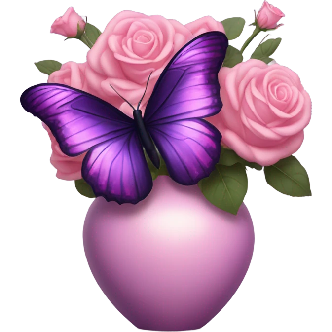 Aesthetic butterfly with purple and pink wings sitting on a dark purple bouquet of Roses in a pastel pink vase emoji