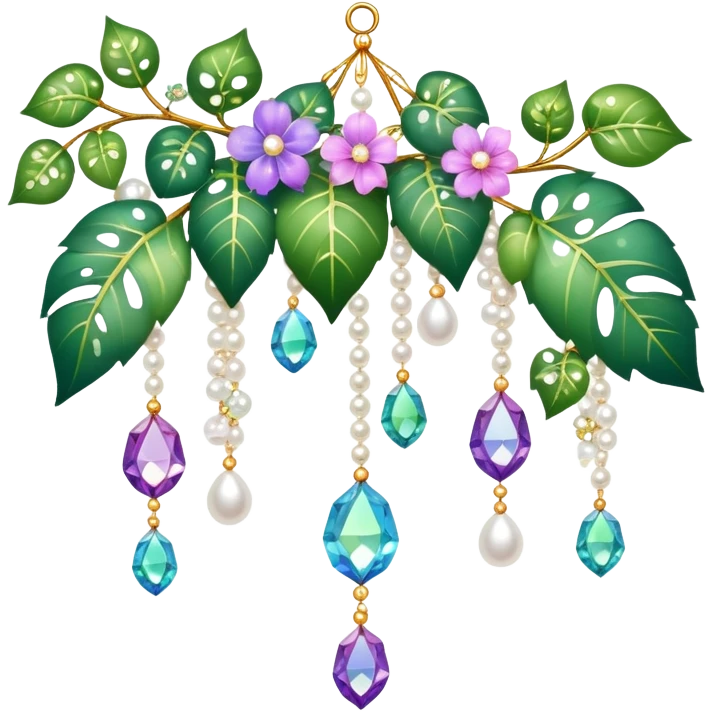 Exotic romantic Few cute tiny Iridescent glistening glossy sparkly shiny glittery hanging crystals pearls and beads and gemstones scenery scenic decorations with ivy and flowers emoji