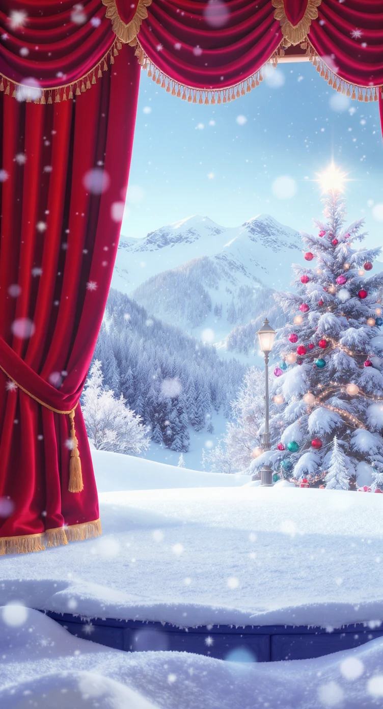 Cinematic still of a winter landcape, snowy stage, next to stage christmas tree in snow, in background we can see beautifull snowy landscape, soft light, symmetrical emoji