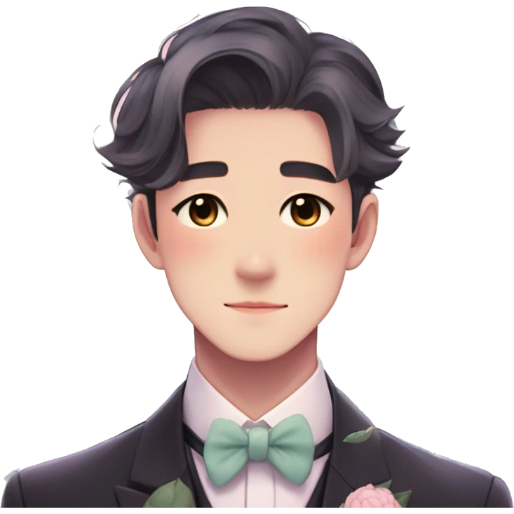 Gorgeous romantic anime style Asian formal modern gentlemanly guy with flowers and blushing face aesthetic trending style outside with colorful gradient colors  pastelcore cottagecore kawaiicore emoji