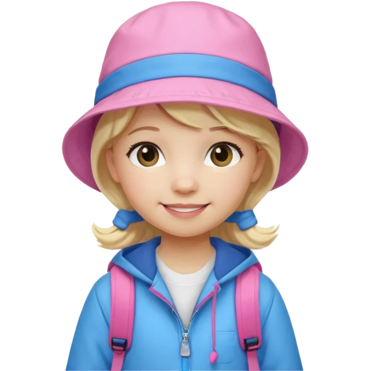 A little girl student white skin, blonde hair, with pink bucket hat, white jacket, blue backpack emoji