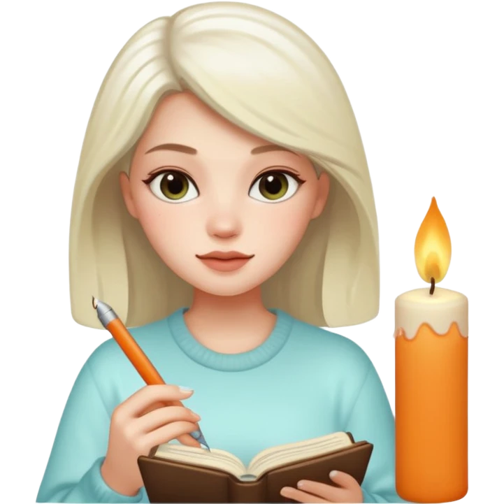 20-year-old pretty woman with white skin journaling, scented candle beside her, iPhone memoji style emoji