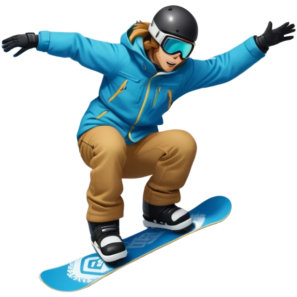 An icon featuring a snowboarder mid-jump, performing a stylish trick above a snowy mountain slope. The background showcases powdery snow, evergreen trees, and a bright blue sky. Transparent background captures the energy, skill, and thrill of snowboarding. emoji