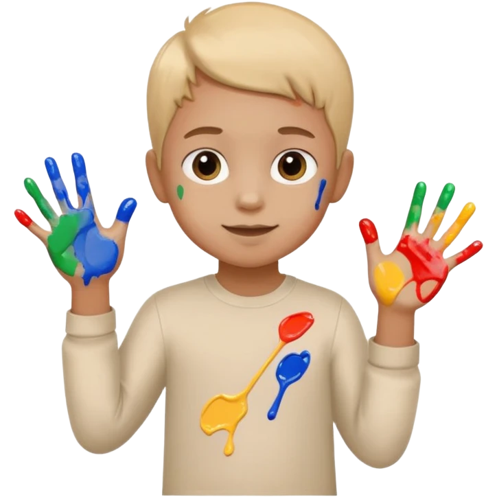 Kid with finger-painted hands and body, palette emoji