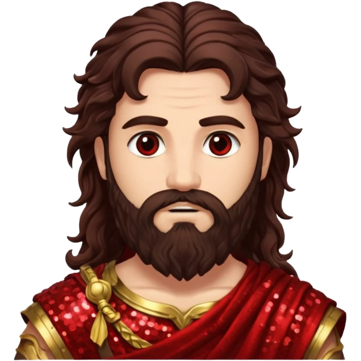 Mars, God of War from Roman Deities with long dark brown wavy hair and beard, deep red sequin toga emoji