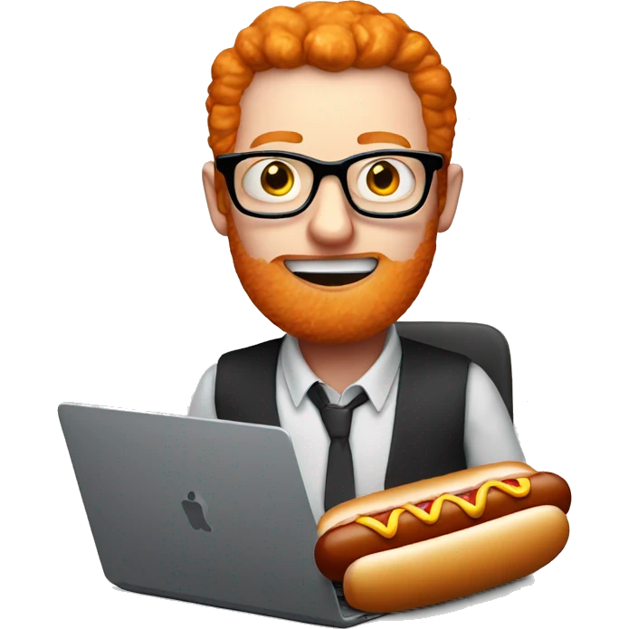 ginger person with a hot dog in mouth sat at computer with glasses emoji