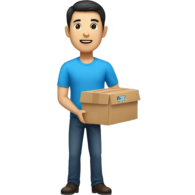 china man in blue shirt, dark hair, and holding a shipping box emoji