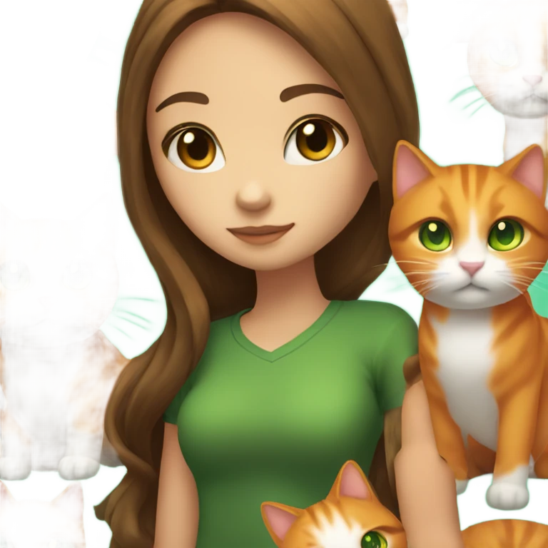 Long Brown highlighted hair and green eyed girl holding an Orange cat emoji