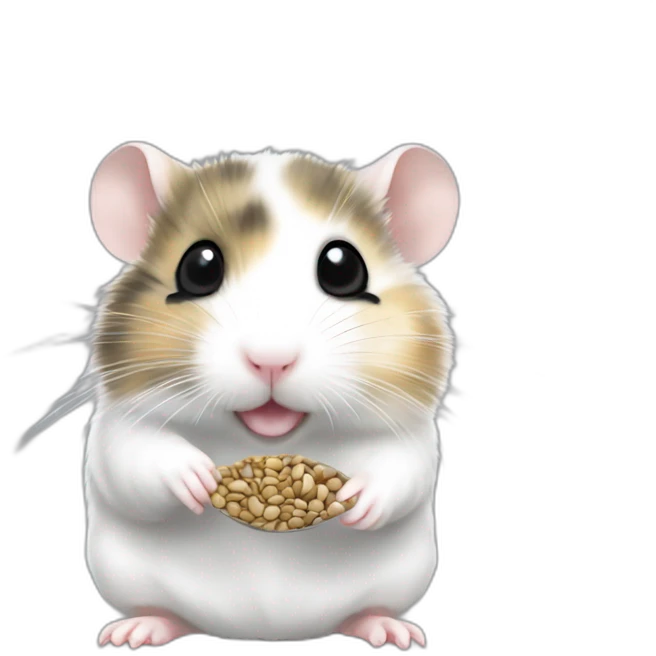 Campbell dwarf hamster with a greyish white coat eating a sunflower seed in a cute way emoji